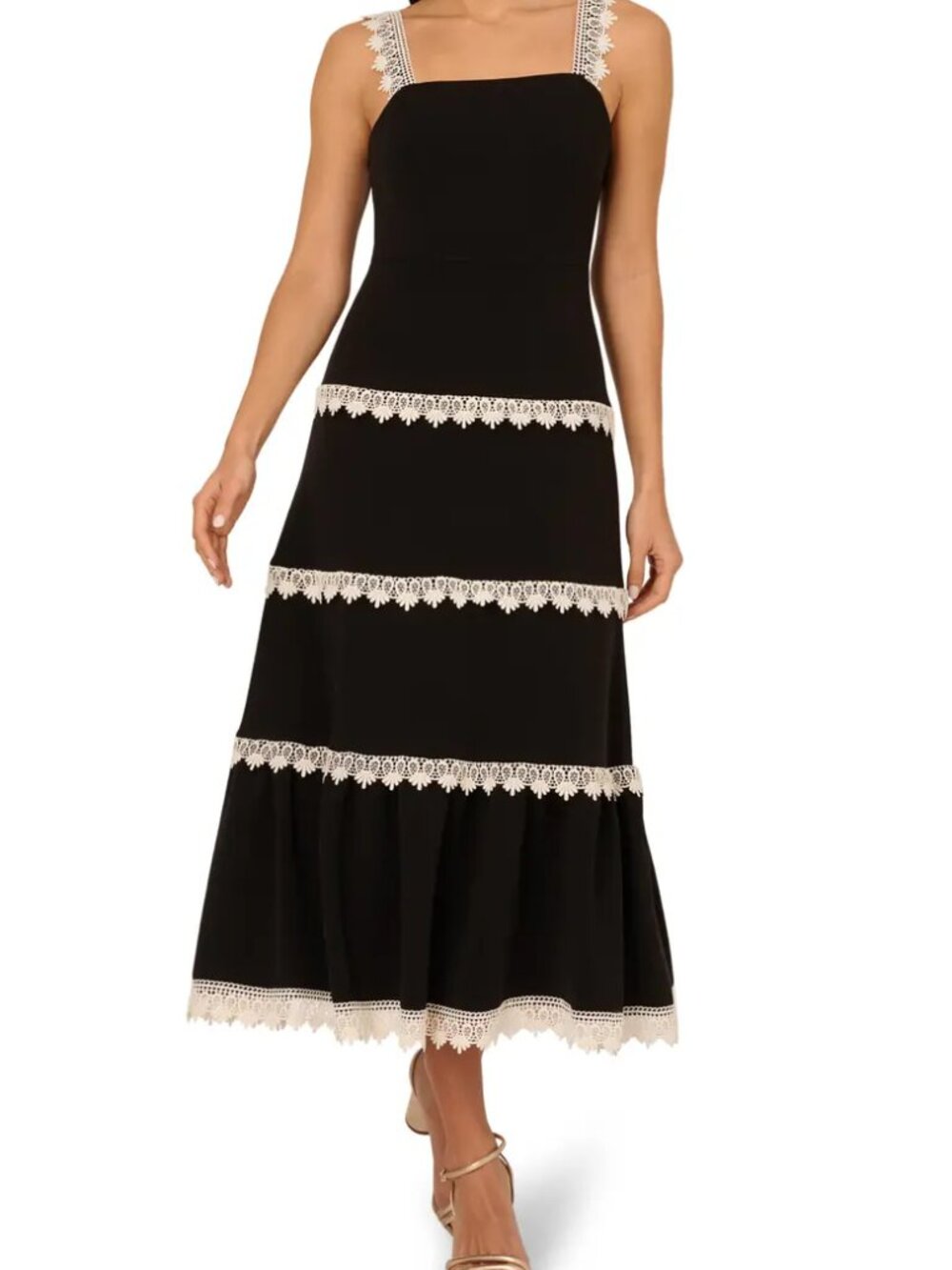 Adrianna Papell Black Tiered Maxi Dress White Crochet Lace Trim Square Neck 14